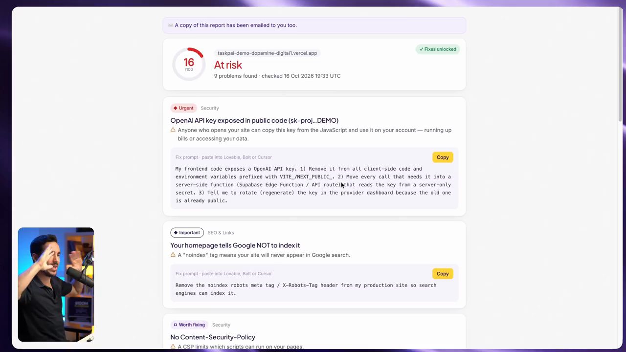 Report VibeCheck đã mở khoá, có fix prompt cho từng vấn đề