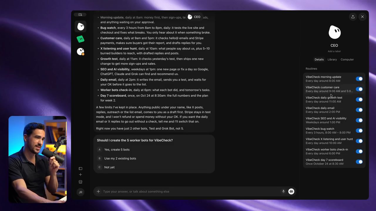 CEO bot với danh sách chín routine VibeCheck đang bật