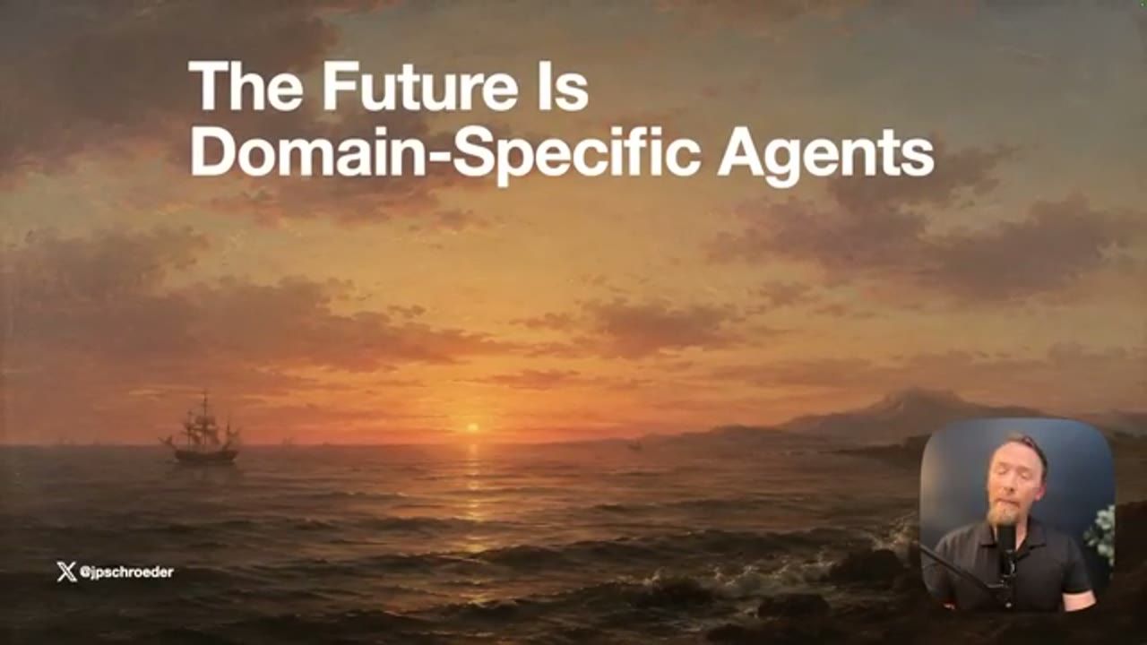 Slide tiêu đề The Future Is Domain-Specific Agents trên nền tranh biển lúc hoàng hôn