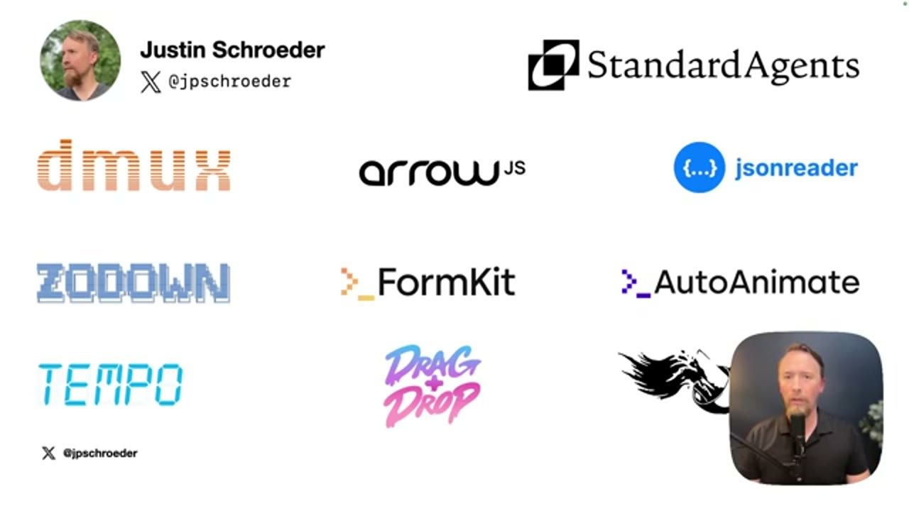 Slide giới thiệu Justin Schroeder, logo StandardAgents và các dự án open source