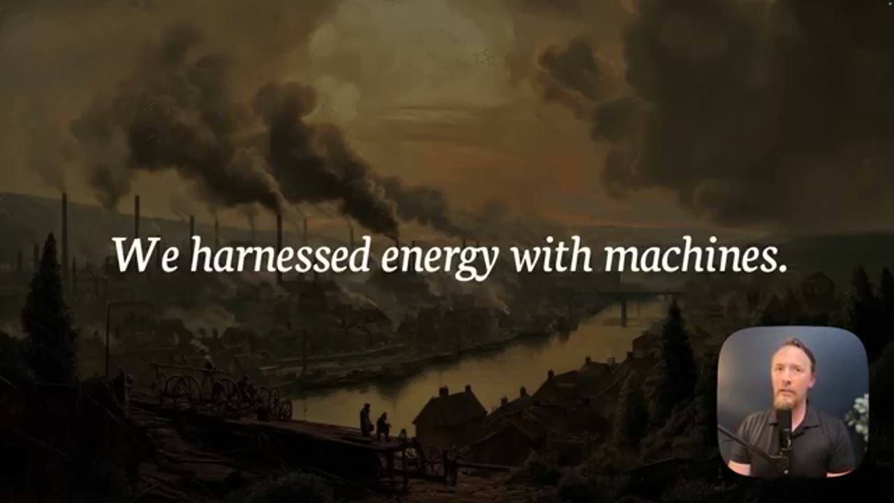 Tranh vẽ một thành phố công nghiệp đầy ống khói với dòng chữ We harnessed energy with machines