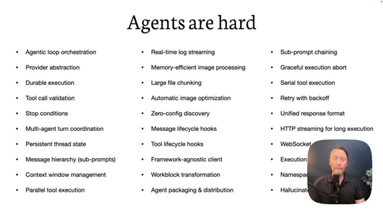 Slide Agents are hard với ba cột danh sách dài các vấn đề kỹ thuật