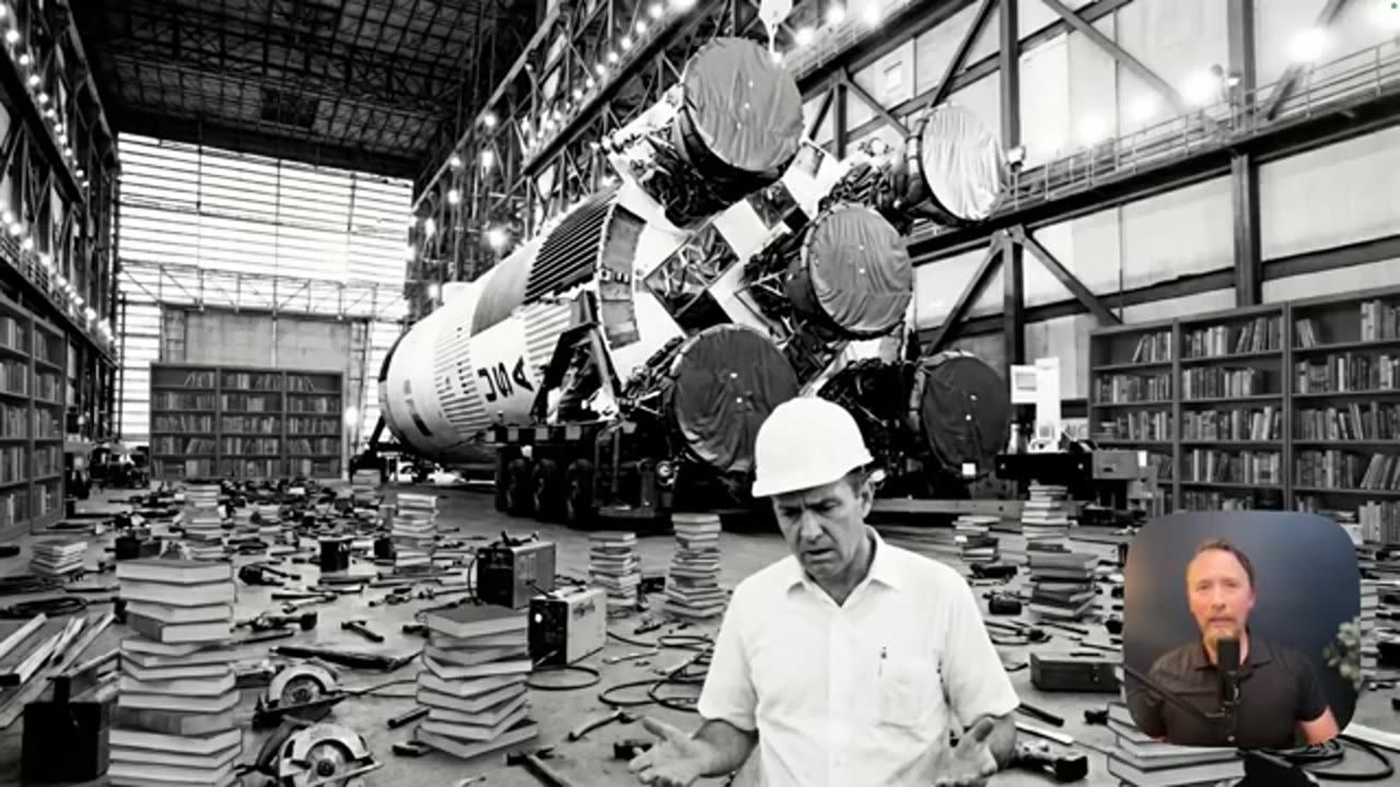 Ảnh đen trắng một kỹ sư đội mũ bảo hộ đứng giữa tên lửa, sách và dụng cụ ngổn ngang