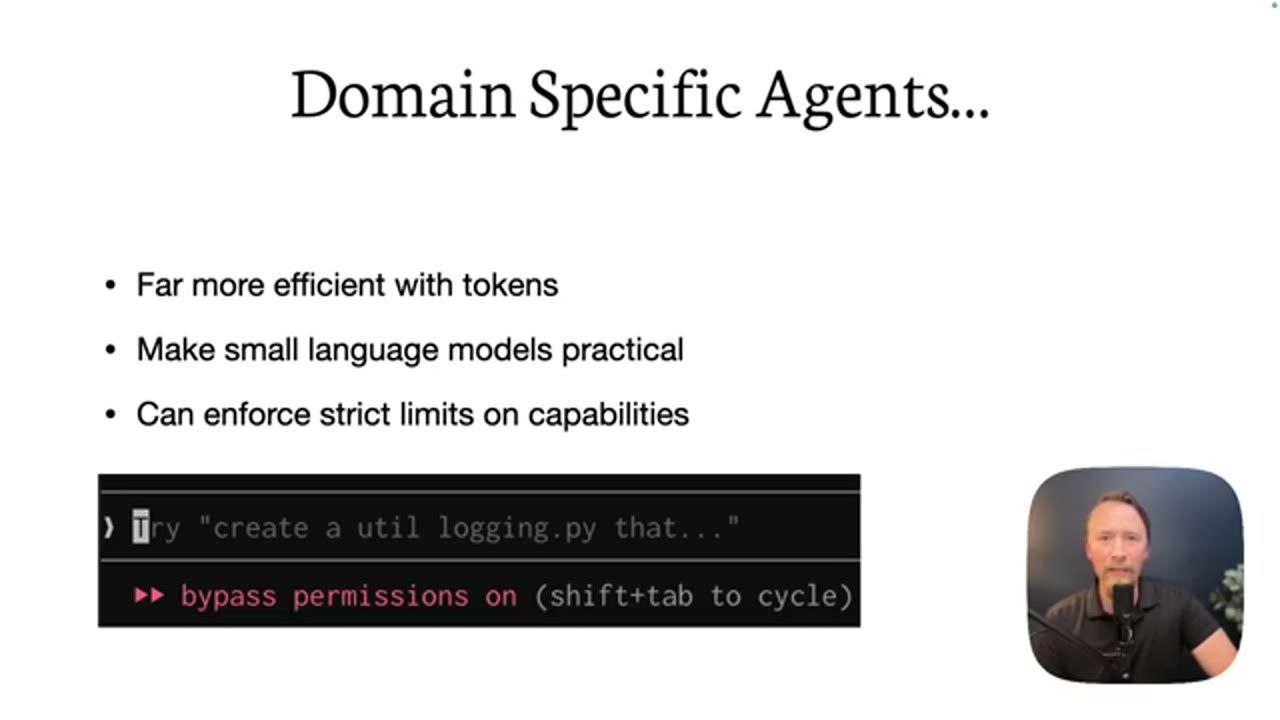 Slide thêm gạch đầu dòng Can enforce strict limits on capabilities và ảnh chụp terminal ghi bypass permissions on