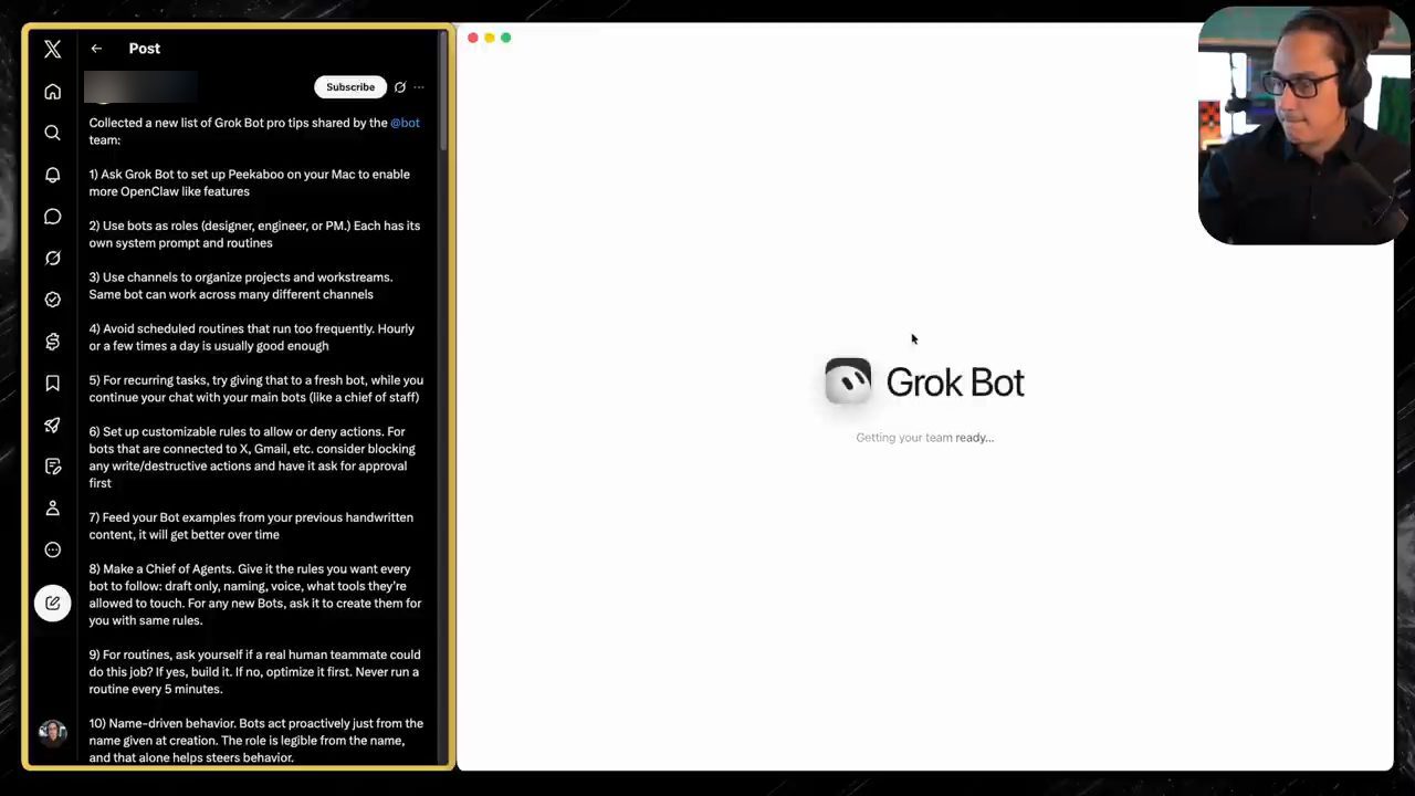 Bài đăng của Ben Lang liệt kê mười mẹo Grok Bot, bên cạnh màn hình Grok Bot đang khởi động