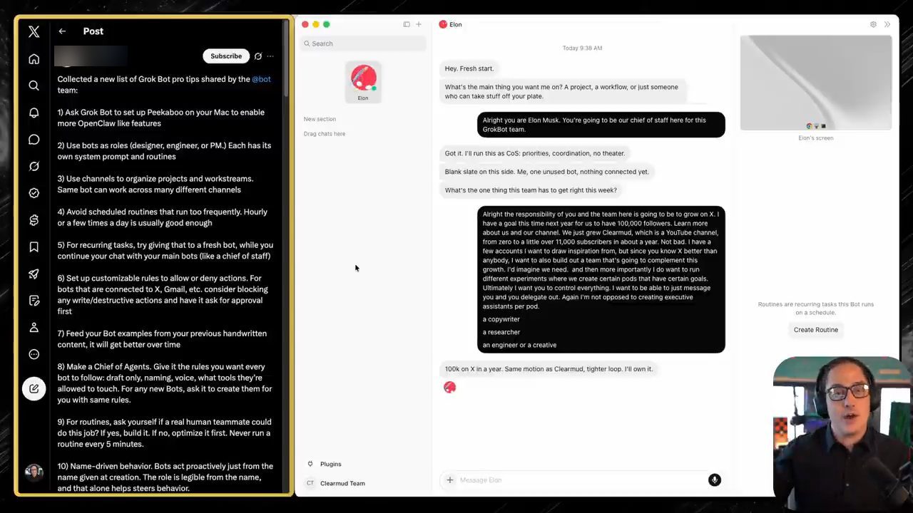 Cửa sổ chat với bot Elon trong Grok Bot, bên trái là bài đăng danh sách mẹo trên X
