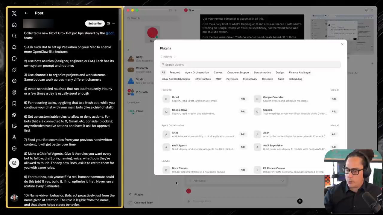 Hộp thoại Plugins của Grok Bot với Gmail, Google Calendar, Google Drive và nhiều nhóm plugin