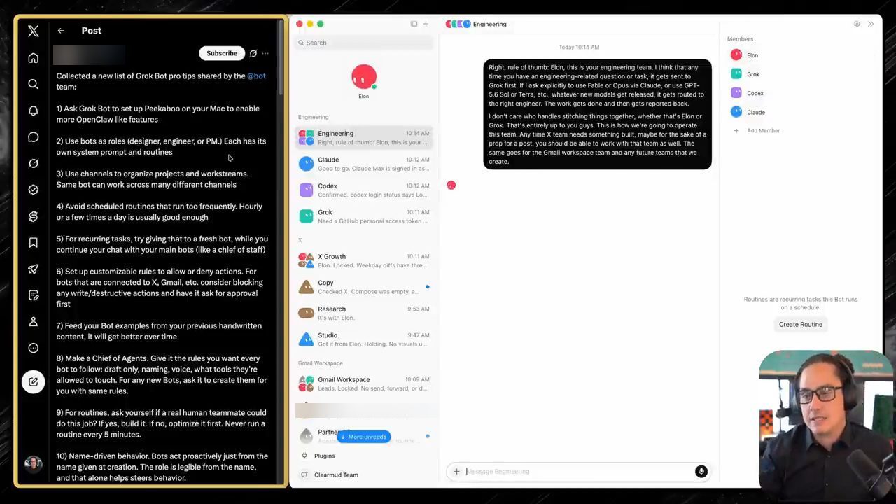 Channel Engineering với các thành viên Elon, Grok, Codex, Claude và tin nhắn rule of thumb