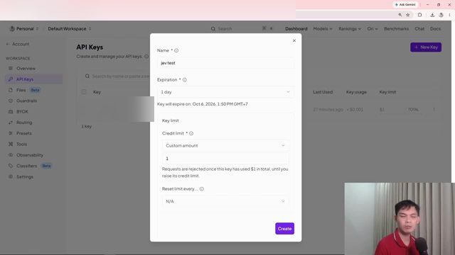 Hộp tạo API key: Name là jev test, Expiration 1 day, Credit limit Custom amount bằng 1, nút Create màu tím