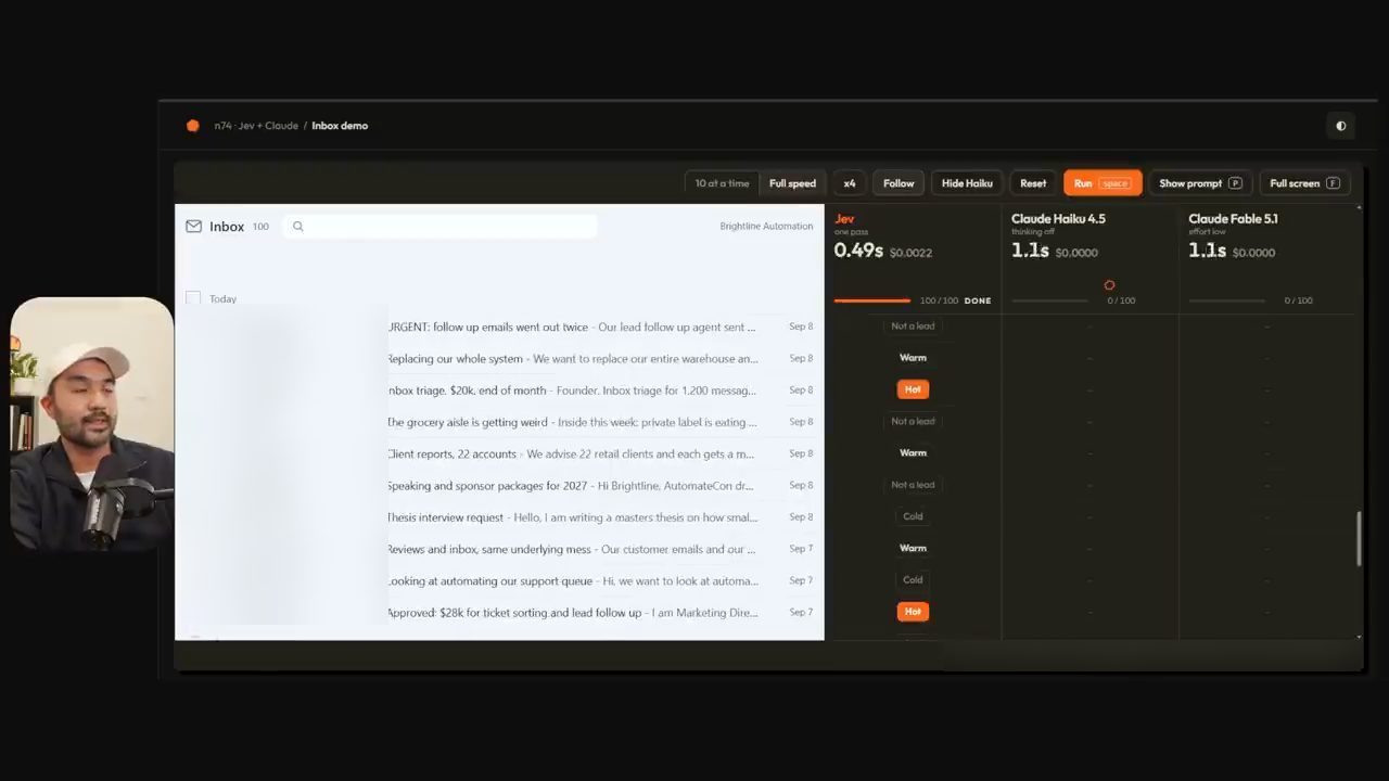 Inbox demo: 100 email mẫu, cột Jev đã phân loại xong, Haiku và Fable chưa chạy xong