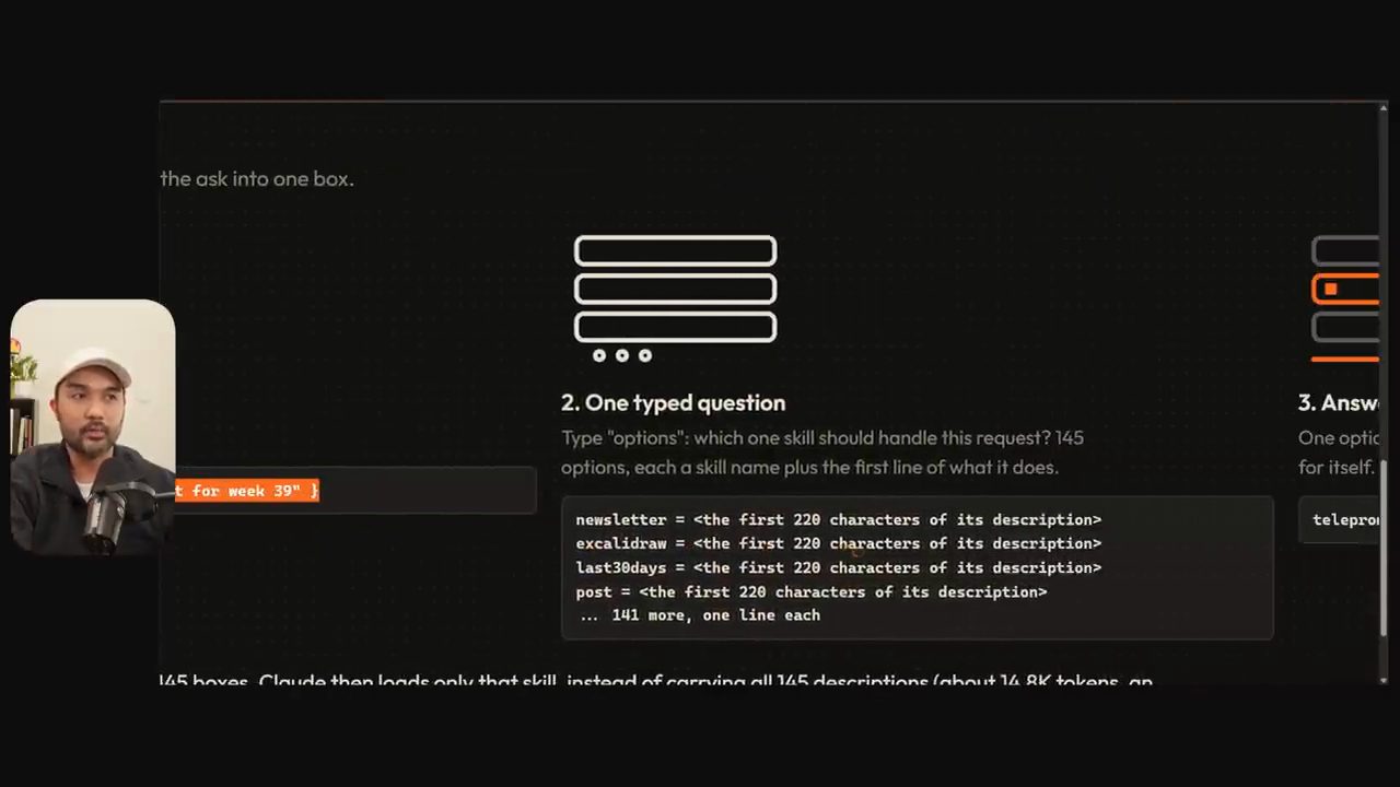 Bước 2 One typed question: danh sách 145 skill, mỗi skill một dòng mô tả