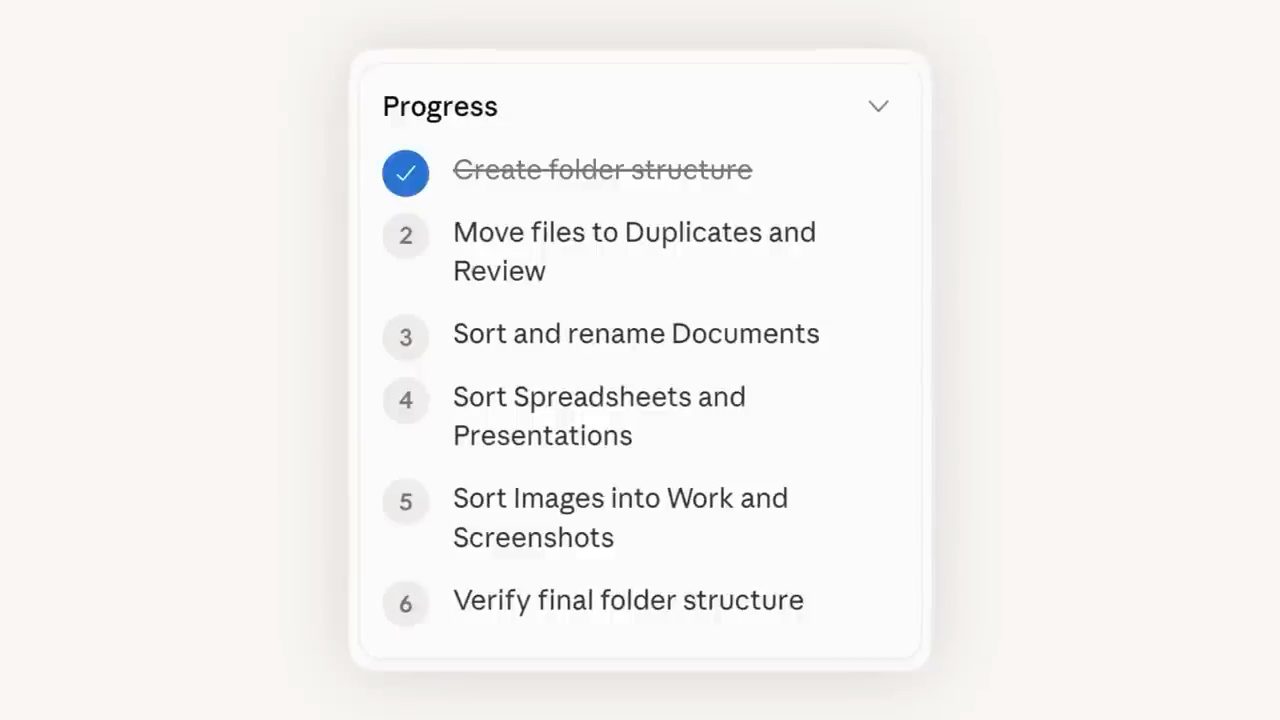 Bảng Progress của Claude Cowork với sáu bước sắp xếp thư mục