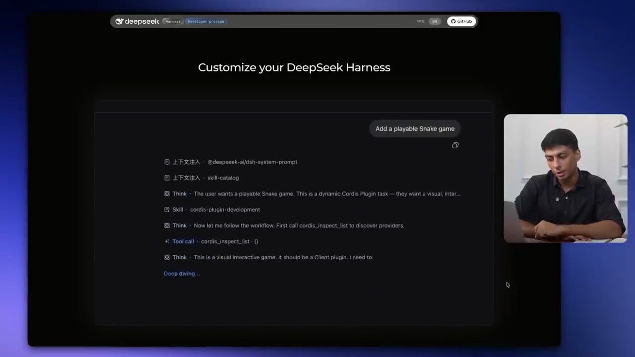 Demo Customize your DeepSeek Harness với yêu cầu Add a playable Snake game