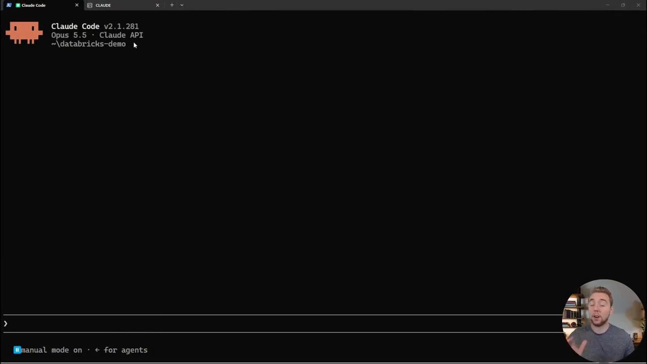 Cole Medin nói trước camera, phía sau là cửa sổ Claude Code vừa mở trong thư mục databricks-demo