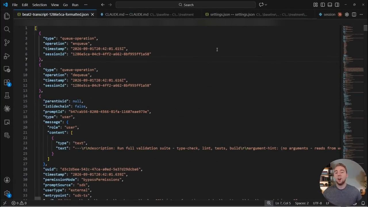 Một file file hội thoại JSON đã format mở trong VS Code, với các trường type, operation, timestamp, sessionId, message