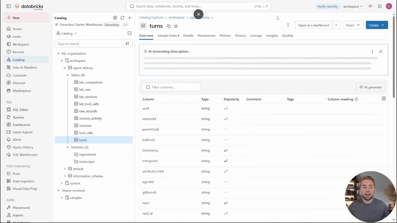 Catalog của Databricks với schema agent_history gồm 9 bảng, đang mở bảng turns và danh sách cột