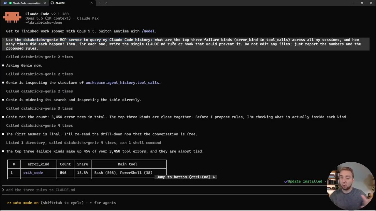 Claude Code gọi MCP server databricks-genie nhiều lần để tìm ba loại lỗi hàng đầu
