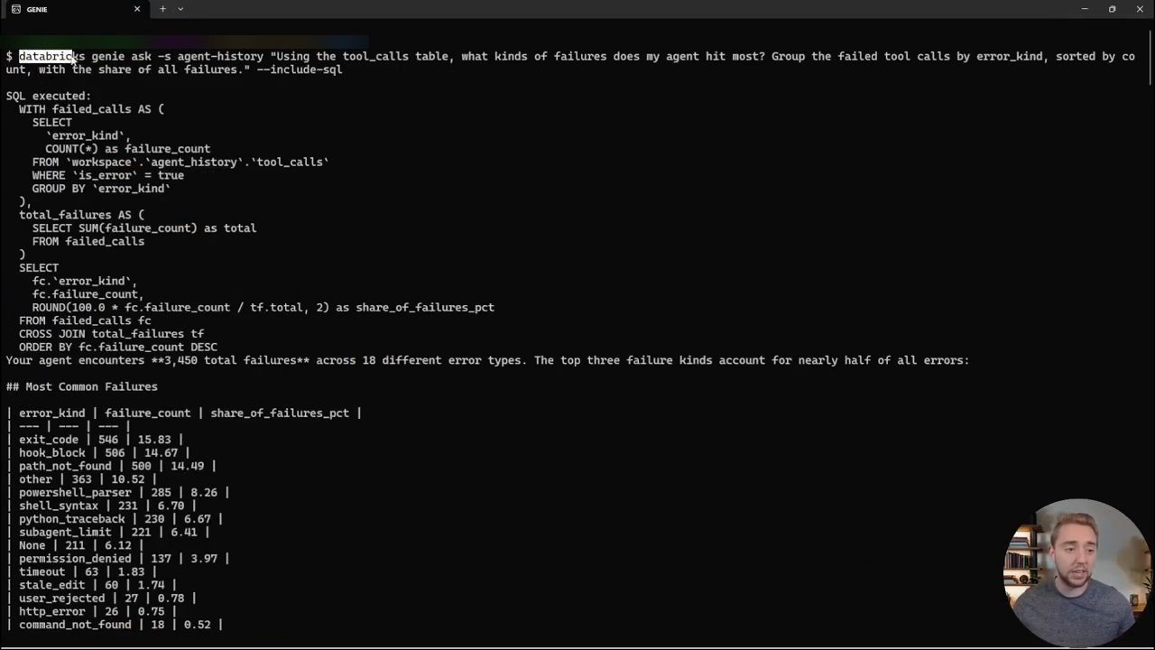 Terminal hiện câu SQL Genie đã chạy và bảng các loại lỗi phổ biến nhất