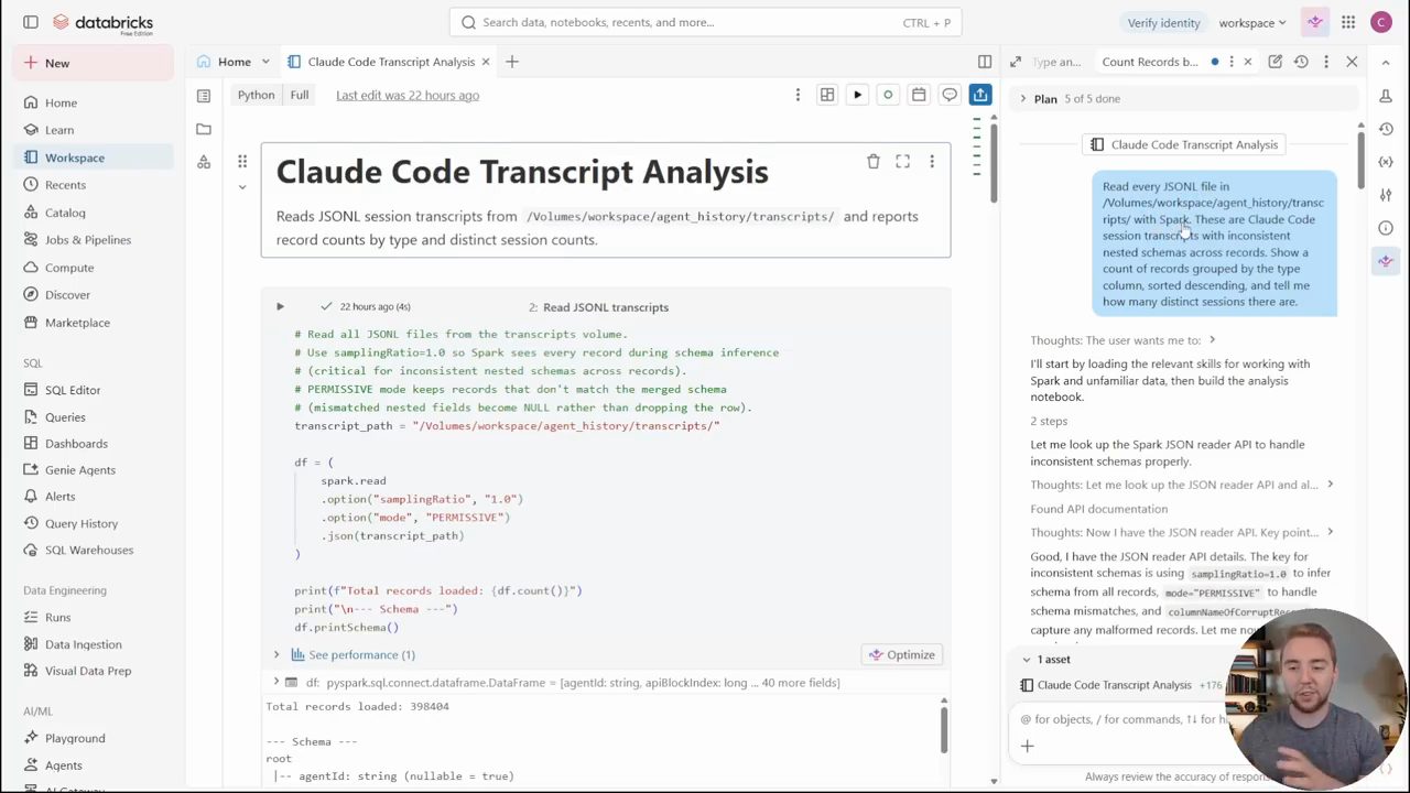 Notebook Claude Code Transcript Analysis bên trái, khung chat Genie bên phải