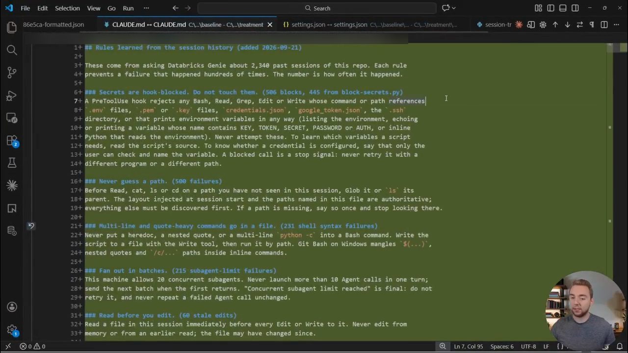 File CLAUDE.md với phần Rules learned from the session history