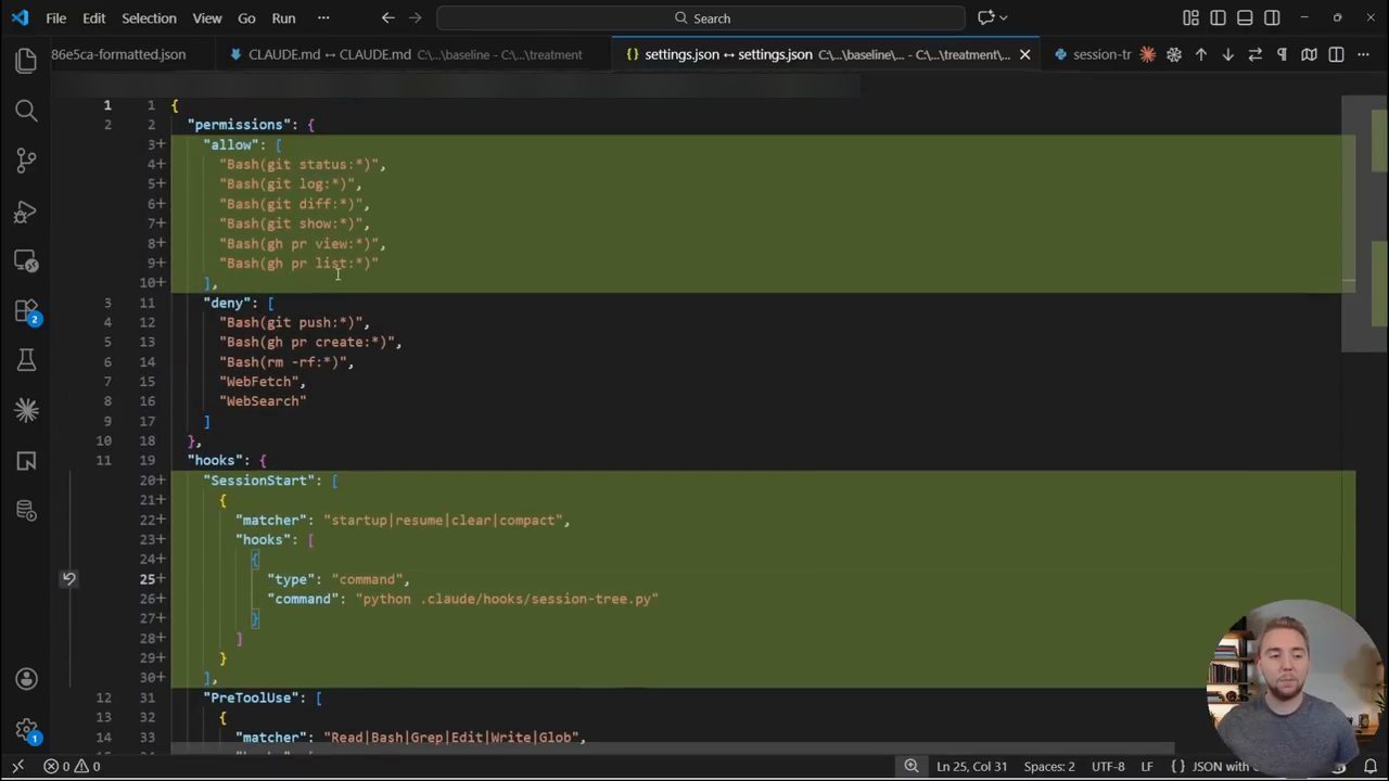 settings.json với danh sách allow, deny và hook SessionStart