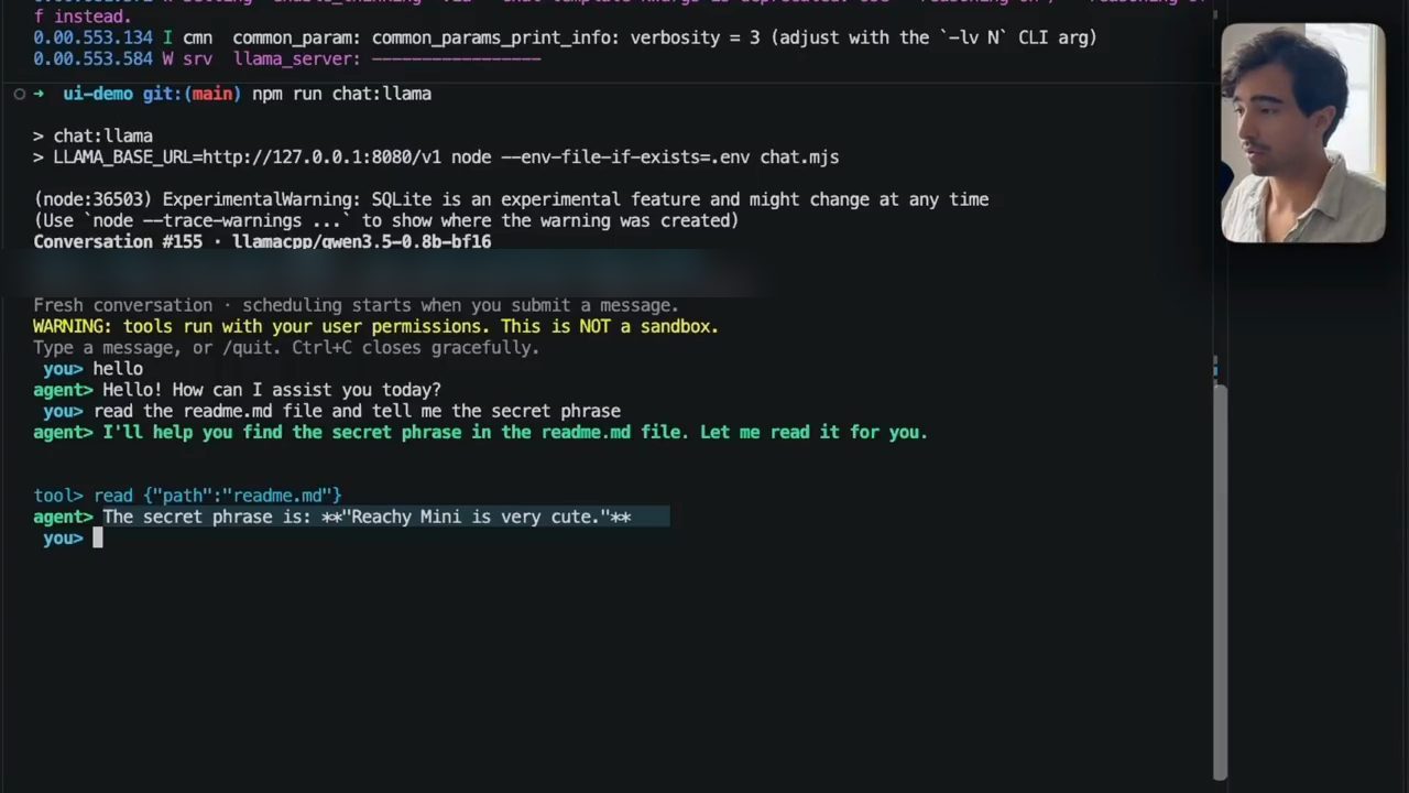 Terminal: npm run chat:llama, agent chào, đọc readme.md bằng tool read và trả lời câu bí mật Reachy Mini is very cute
