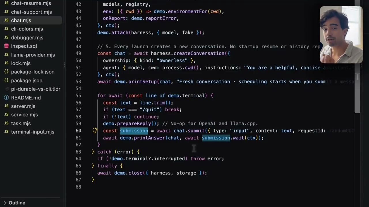 Code chat.mjs: harness.createConversation với ownership ownerless, agent model cwd instructions; vòng lặp đọc terminal, chat.submit và submission.wait
