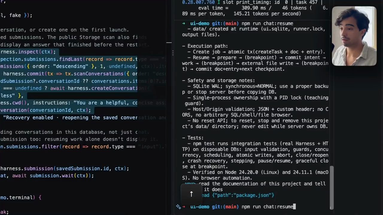 Terminal: câu hỏi read the documentation of this project, dòng read package.json, process bị dừng, gõ lại npm run chat:resume