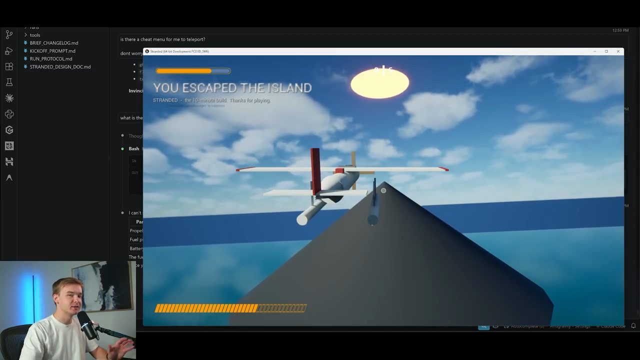 Cửa sổ game Stranded bản 10 phút hiện dòng YOU ESCAPED THE ISLAND, phía sau là phiên Claude Code với các file design doc