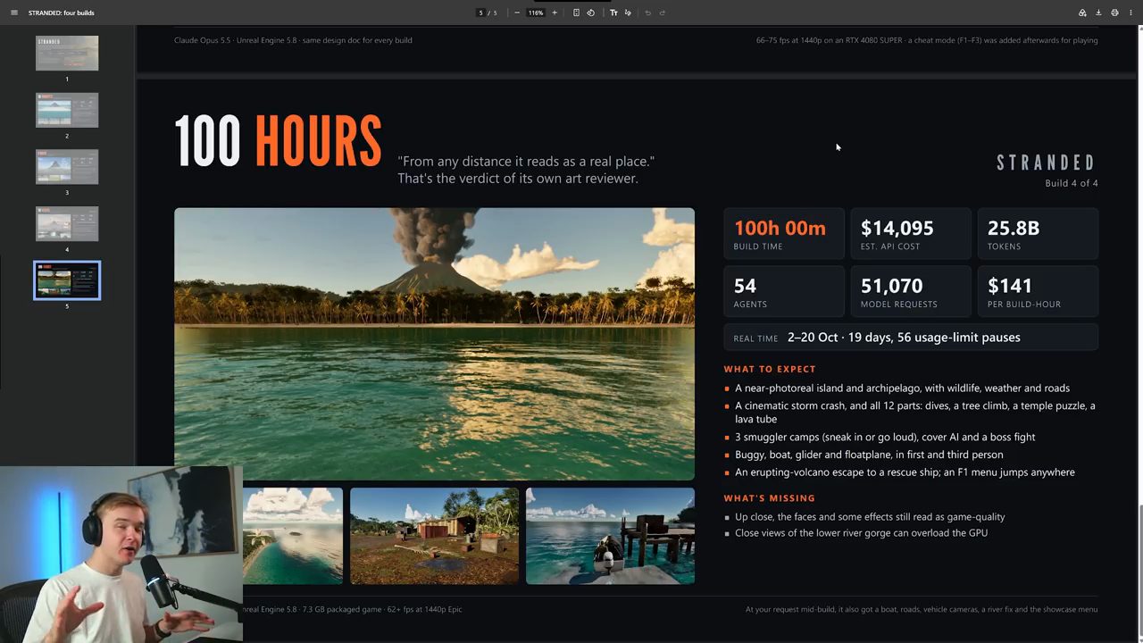 Slide 100 HOURS: ảnh đầm nước xanh trước ngọn núi lửa phun khói, các ô số liệu và danh sách