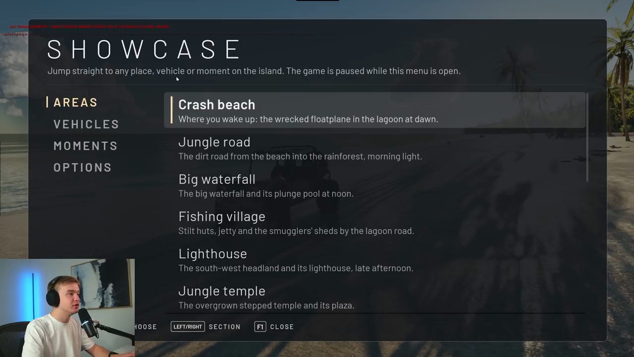 Menu SHOWCASE trong game với các mục Areas, Vehicles, Moments, Options và danh sách địa điểm