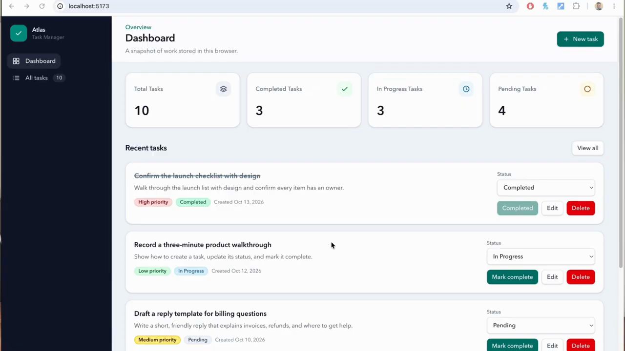 Dashboard của app Task Manager chạy trên localhost với bốn thẻ thống kê và danh sách Recent tasks