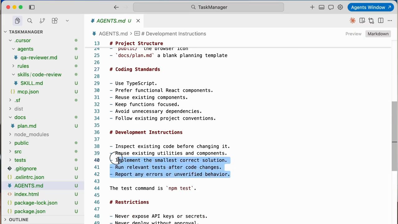 File AGENTS.md mở trong Cursor với các mục Coding Standards, Development Instructions và Restrictions
