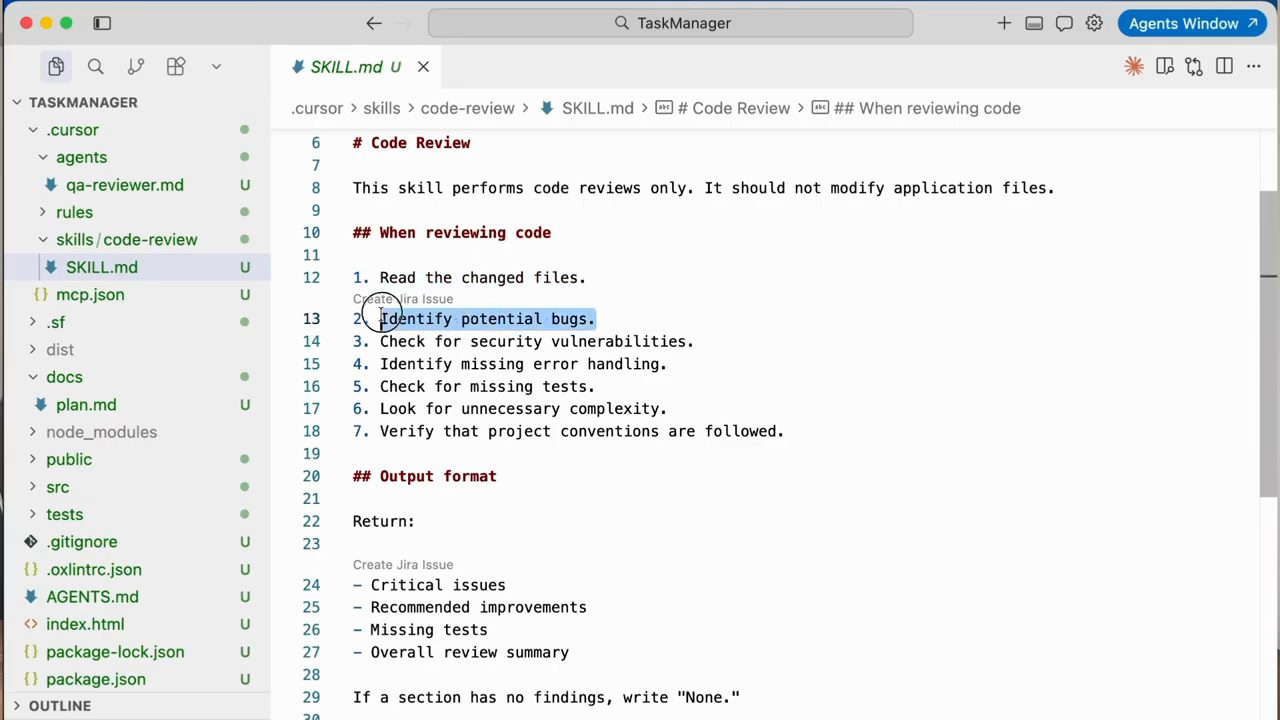 File SKILL.md của skill code-review mở trong Cursor
