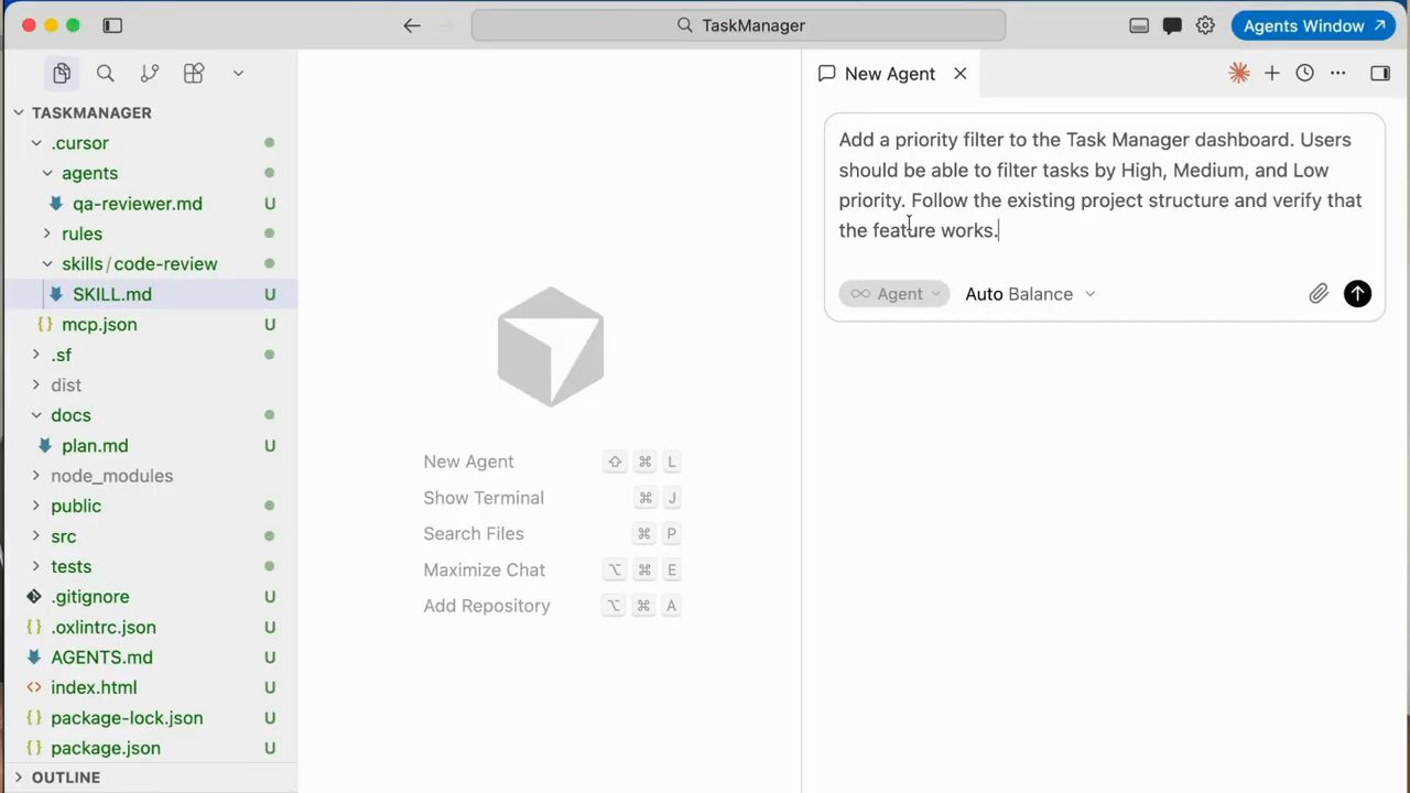 Ô New Agent trong Cursor với prompt thêm priority filter