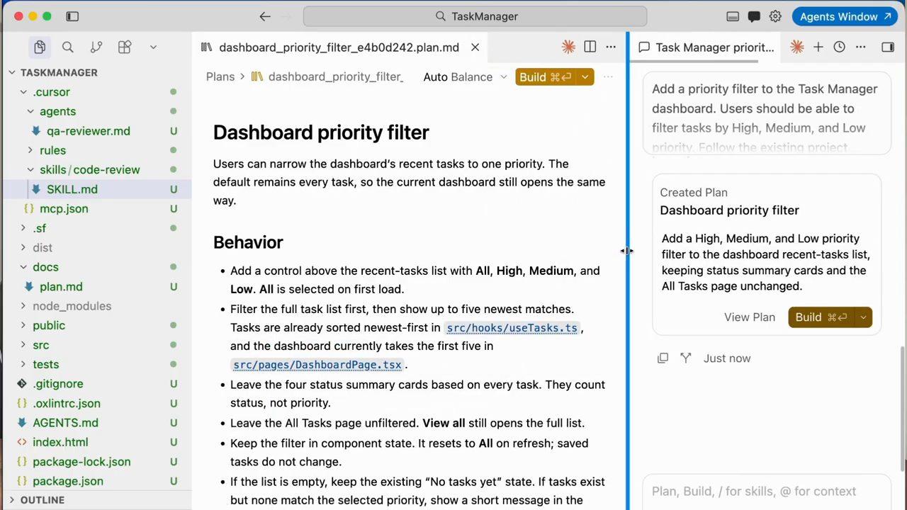 Plan Dashboard priority filter trong Cursor, bên phải là thẻ Created Plan với nút Build