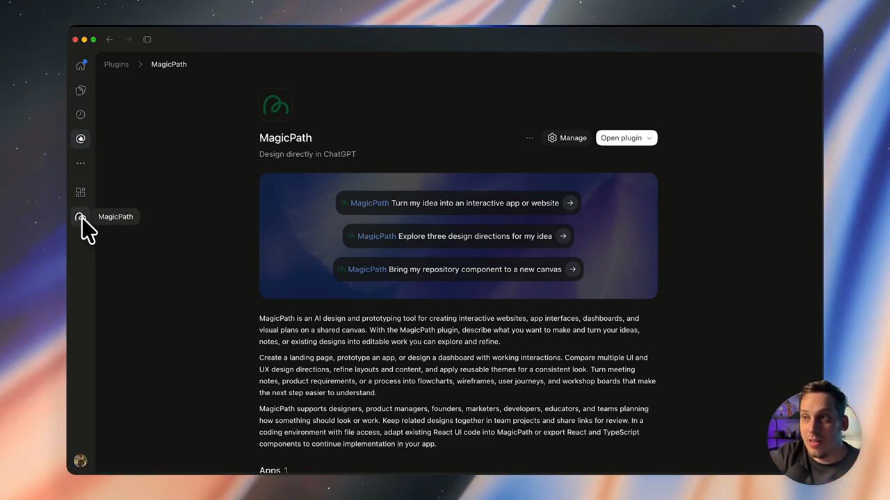 Trang plugin MagicPath trong ChatGPT desktop với nút Open plugin và ba gợi ý prompt