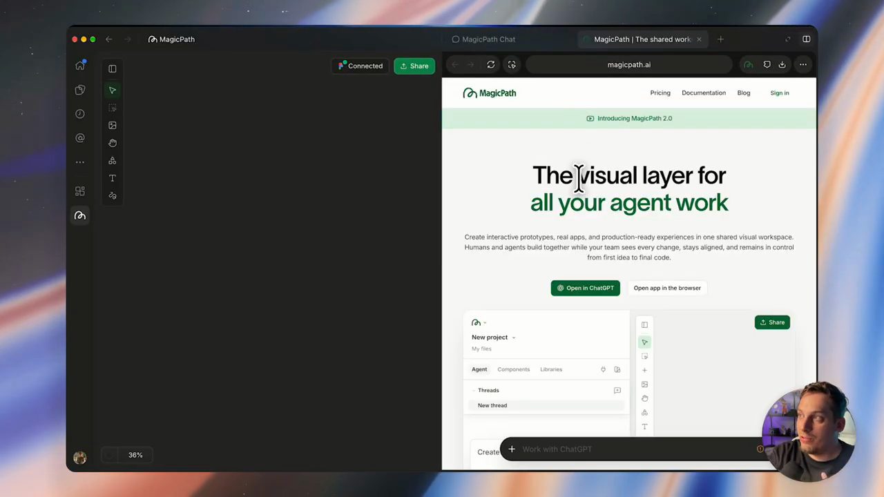 Canvas MagicPath trống bên trái, trình duyệt bên phải mở trang chủ magicpath.ai