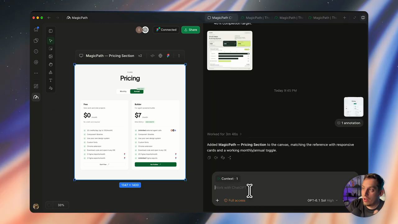 Pricing section đã dựng xong trên canvas, khung chat báo Worked for 3m 46s