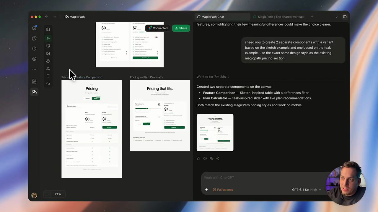 Hai variant Feature Comparison và Plan Calculator nằm dưới design pricing gốc trên canvas