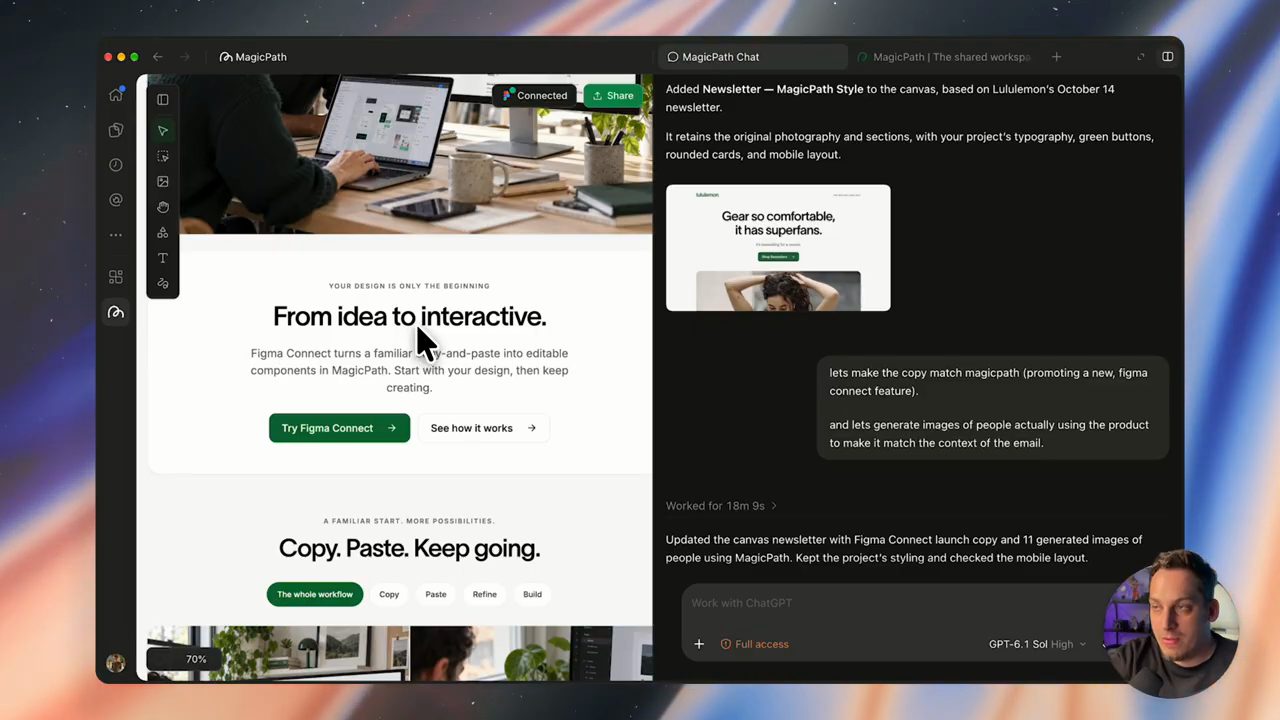 Bản tin mới trên canvas với tiêu đề From idea to interactive và nút Try Figma Connect, khung chat báo Worked for 18m 9s