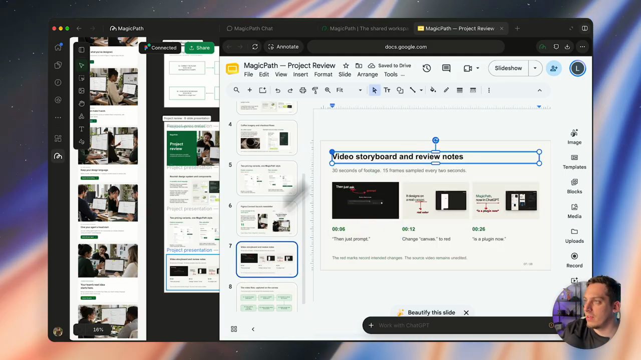 Google Slides MagicPath Project Review mở trong ChatGPT, slide 7 Video storyboard and review notes