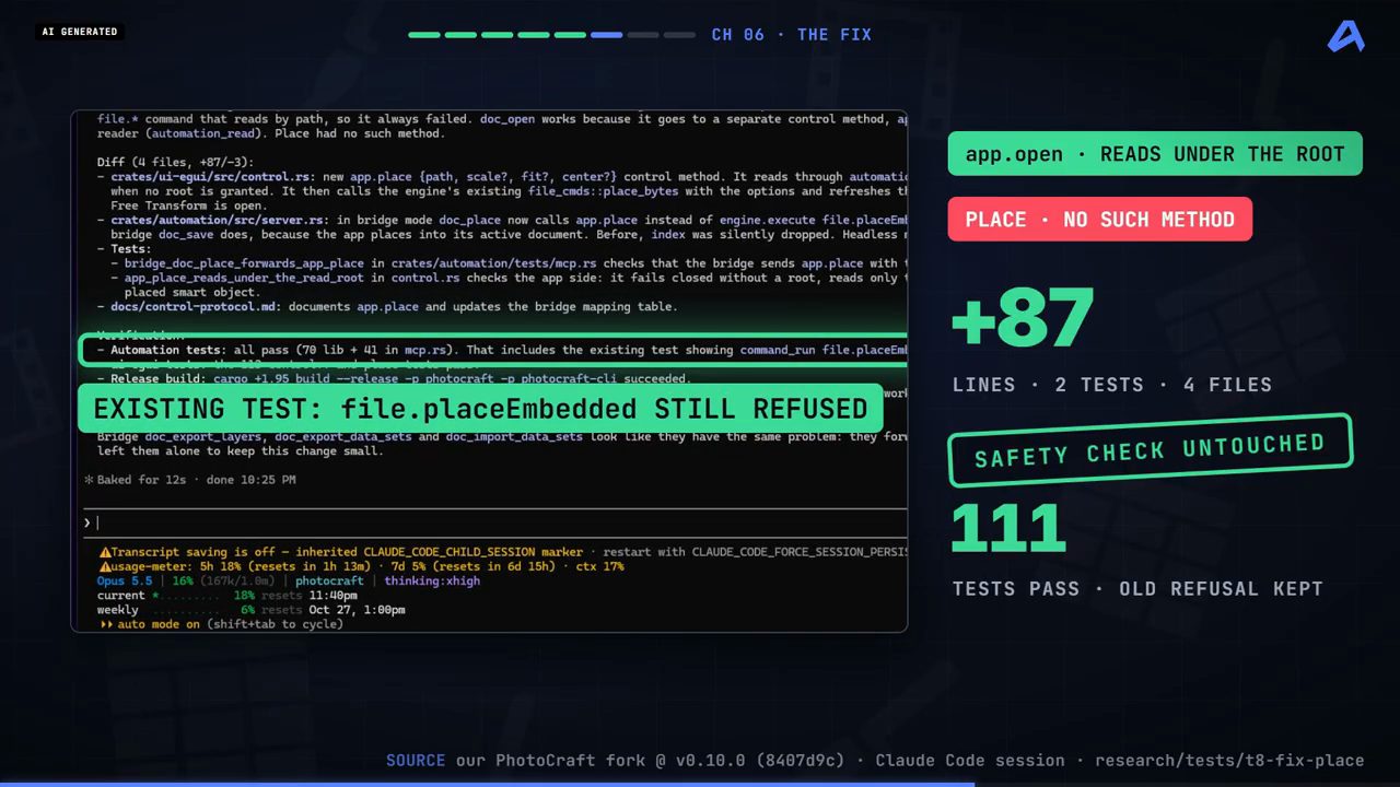 Báo cáo của Claude Code về bản sửa: diff 4 file +87/-3, automation tests all pass, kèm các nhãn +87 lines, safety check untouched, 111 tests pass