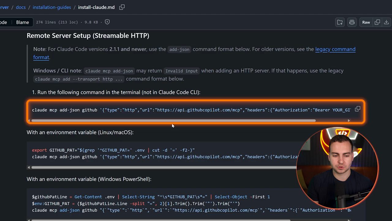 Trang install-claude.md của github-mcp-server, mục Remote Server Setup với lệnh claude mcp add-json được khoanh
