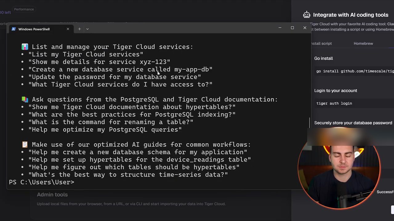 PowerShell liệt kê các câu hỏi mẫu sau khi cài Tiger MCP, bên phải là bảng Integrate with AI coding tools