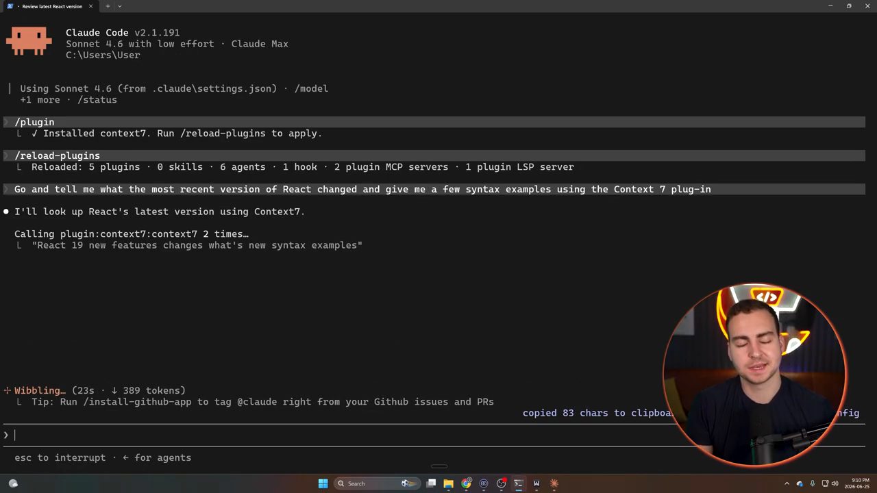 Claude Code gọi plugin context7 hai lần với truy vấn React 19 new features
