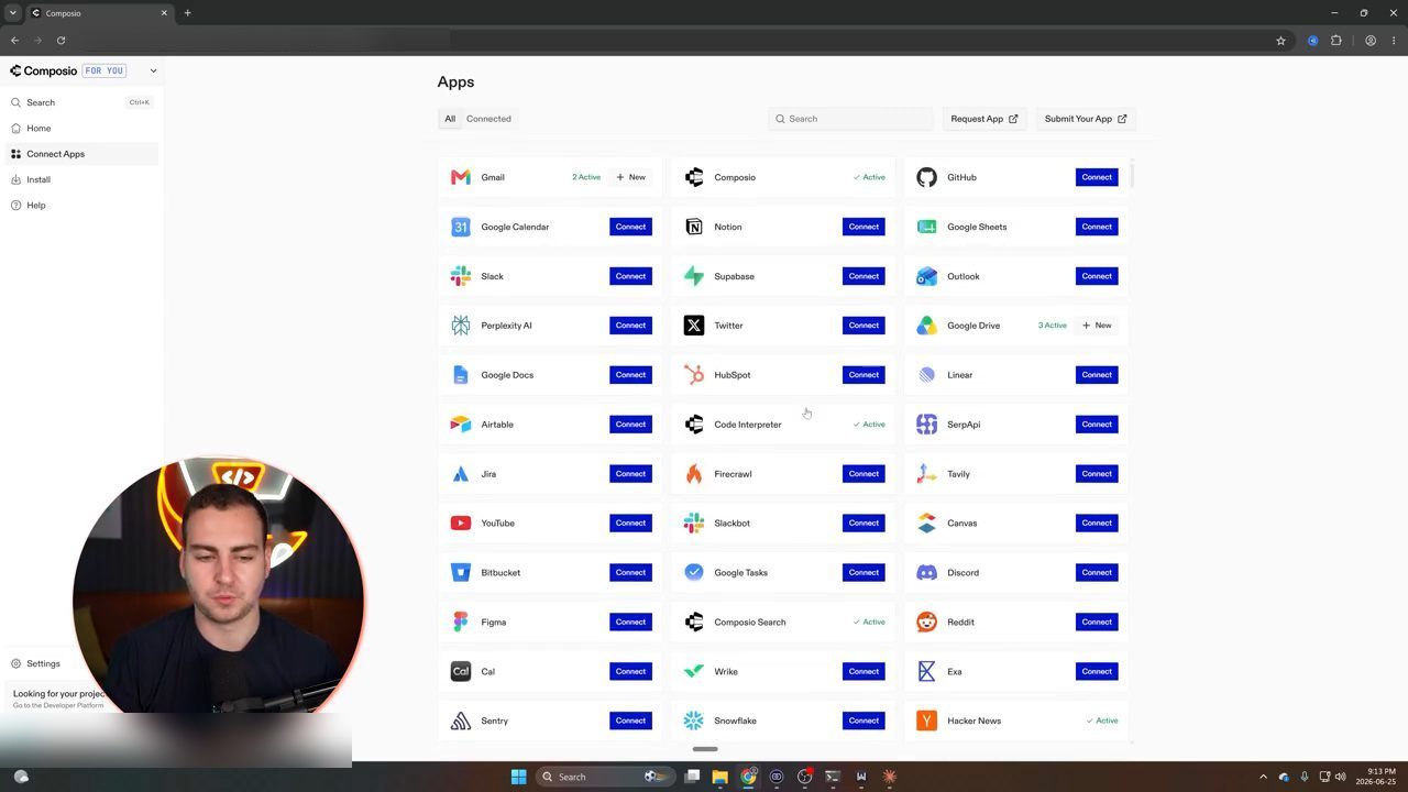 Trang Connect Apps của Composio với danh sách app như Gmail, Composio, GitHub, Google Calendar, Notion, Slack, Google Drive