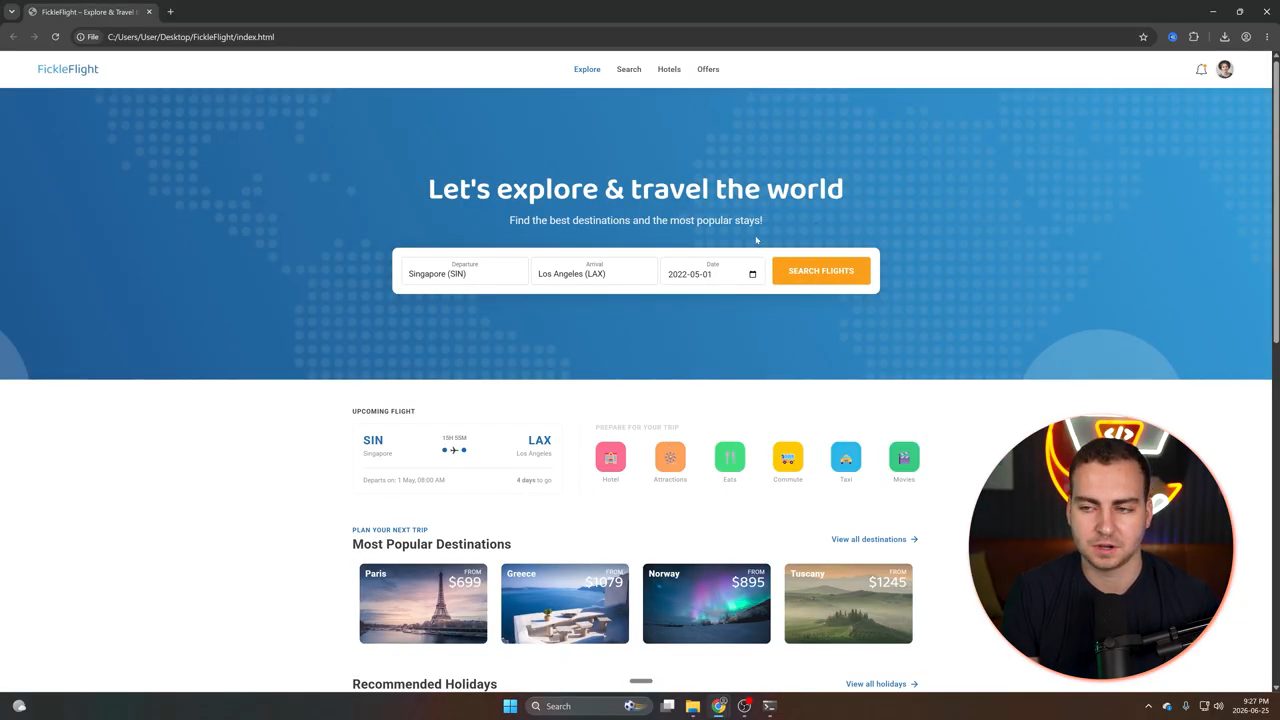 Trang FickleFlight do Claude build: hero Let's explore and travel the world, ô tìm chuyến bay, upcoming flight, điểm đến phổ biến