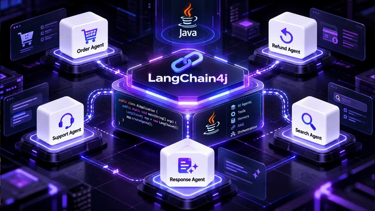 Hình minh hoạ LangChain4j ở giữa, xung quanh là Order Agent, Refund Agent, Response Agent, Support Agent và Search Agent
