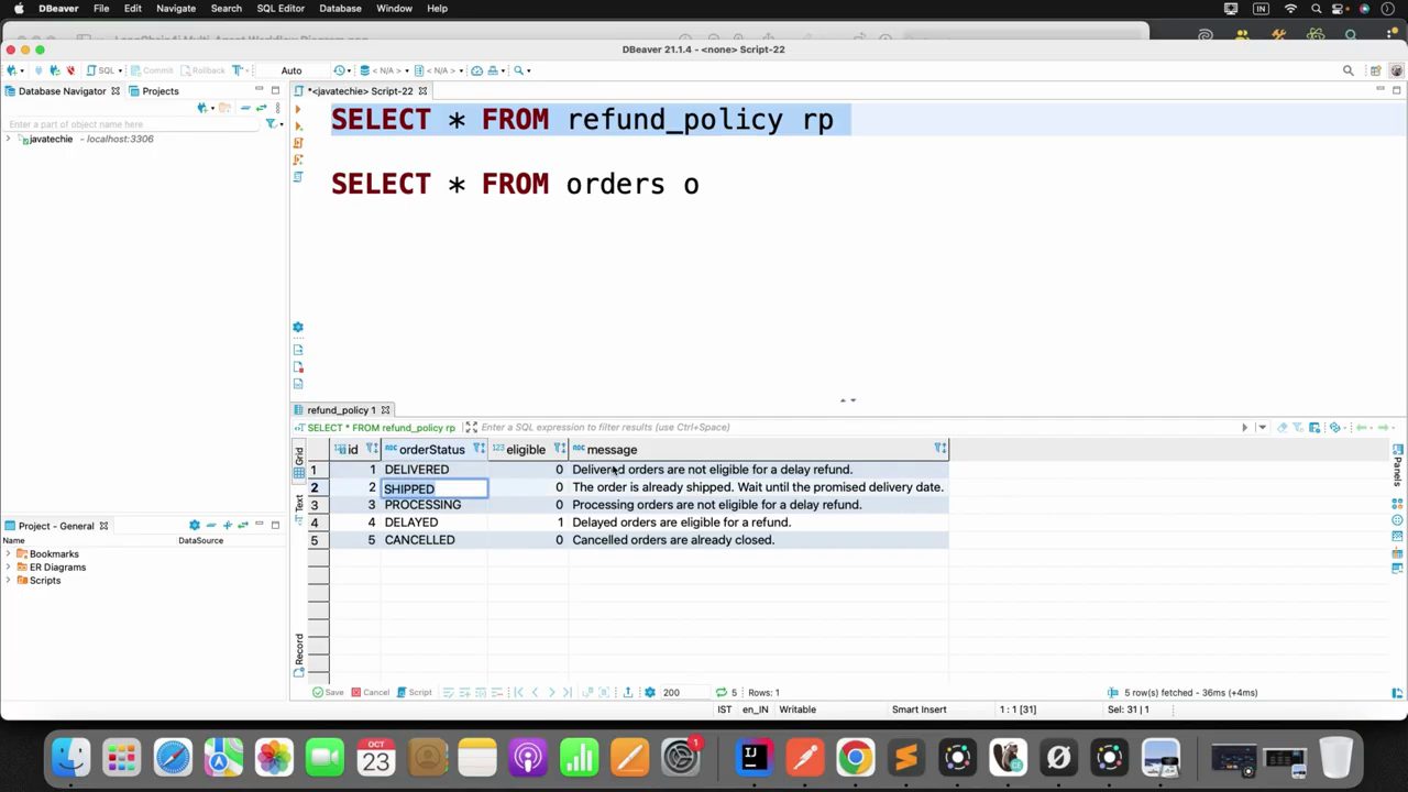DBeaver: SELECT * FROM refund_policy rp trả về 5 dòng DELIVERED, SHIPPED, PROCESSING, DELAYED, CANCELLED với cột eligible và message